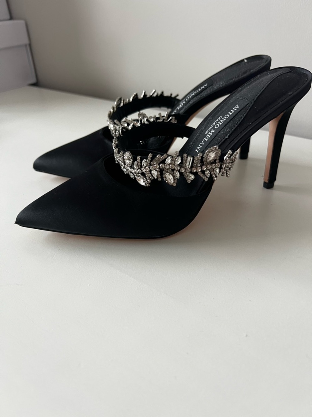 ANTONIO MELANI Black Satin Pointed Toe Heels with Crystal-Embellished Strap - Picture 5 of 10